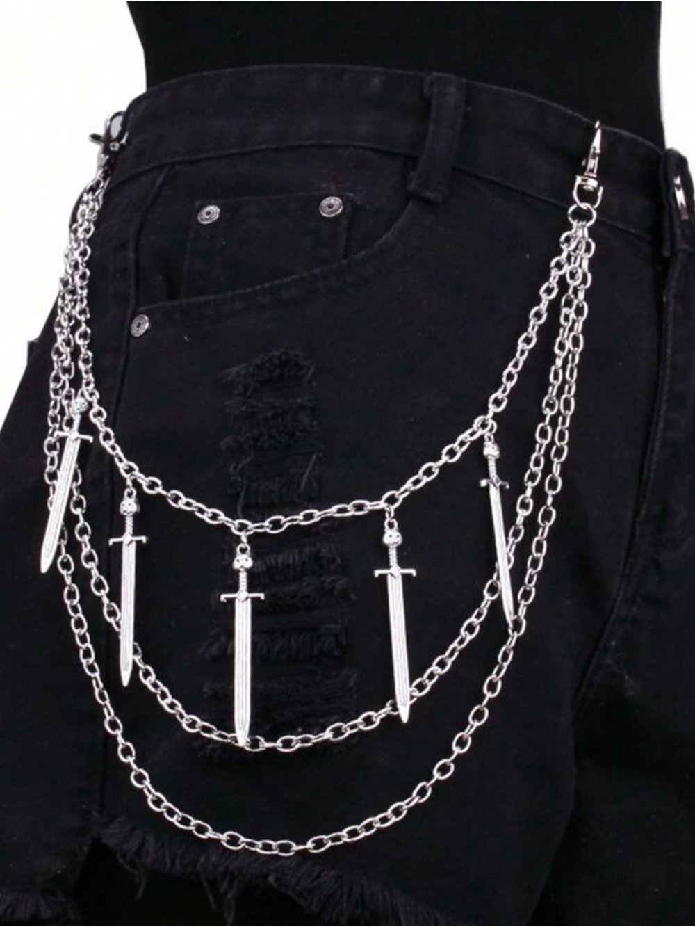 Gothic Silver Tone Sword Pant Charm layered metal chain NWT